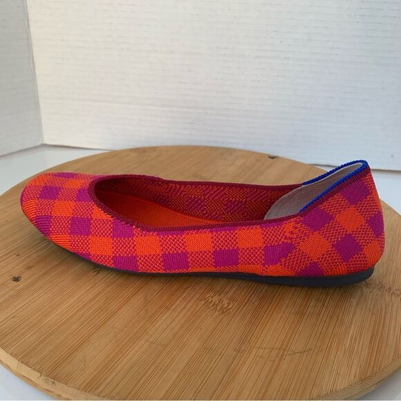 Rothy‘s Pomegranate Gingham Ballet Flats Women Sz 7 Moccasin Square Toe Fabric - Picture 2 of 11